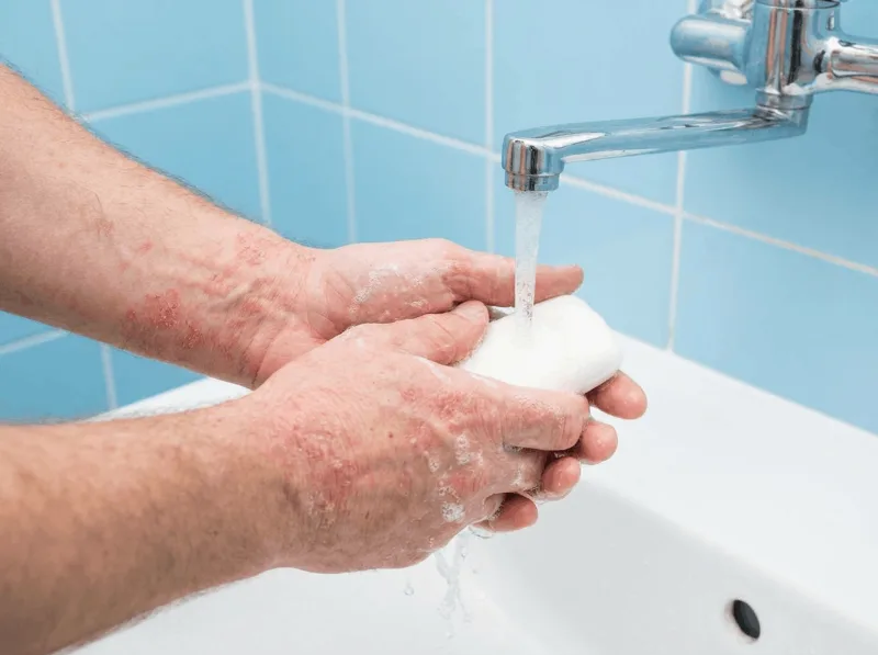 Umivanje rok z milom pod tekočo vodo — koža z atopičnim dermatitisom